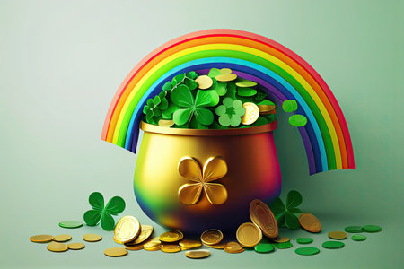Green background with pot of gold coins, rainbow and clover leaves. Generative AI.の素材
