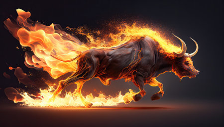 Running fire bull, stock market bull phase, generative ai illustration.の素材