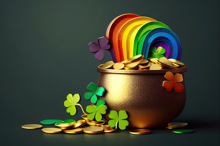 Green background with pot of gold coins, rainbow and clover leaves. Generative AI.の素材
