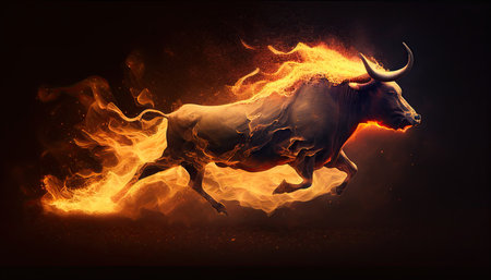 Running fire bull, stock market bull phase, generative ai illustration.の素材