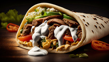 Tasty Doner Kebab Shawarma Roll Wrap Illustration. Generative AI Food.の素材