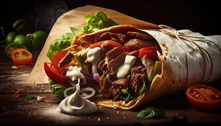Tasty Doner Kebab Shawarma Roll Wrap Illustration. Generative AI Food.の素材