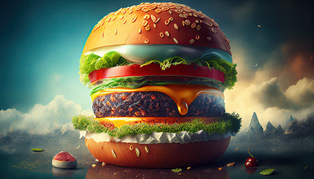 Tasty delicious burger, generative ai illustration.の素材