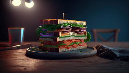Sandwich on table, tasty food illustration. Generative AI.の素材