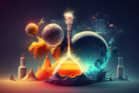 Science background illustration, scientific design. Flasks, glass and chemistry, physics elements. Generative AI.の素材