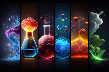 Science background illustration, scientific design. Flasks, glass and chemistry, physics elements. Generative AI.の素材