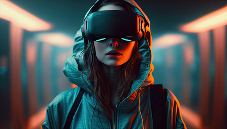 Person wears VR, metaverse illustration. Virtual Reality man with glasses. Technology of the future, generative ai.の素材