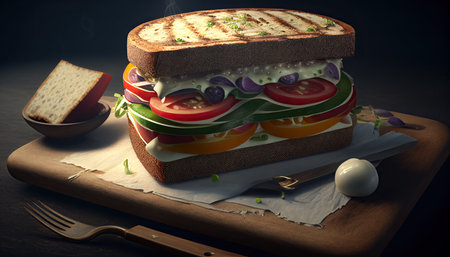 Sandwich on table, tasty food illustration. Generative AI.の素材