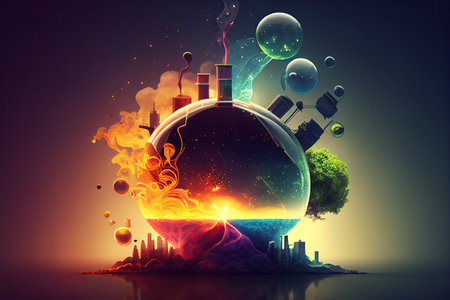 Science background illustration, scientific design. Flasks, glass and chemistry, physics elements. Generative AI.の素材
