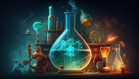 Science background illustration, scientific design. Flasks, glass and chemistry, physics elements. Generative AI.の素材