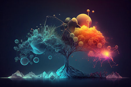 Science background illustration, scientific design. Flasks, glass and chemistry, physics elements. Generative AI.の素材