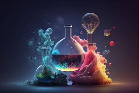 Science background illustration, scientific design. Flasks, glass and chemistry, physics elements. Generative AI.の素材