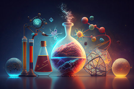 Science background illustration, scientific design. Flasks, glass and chemistry, physics elements. Generative AI.の素材