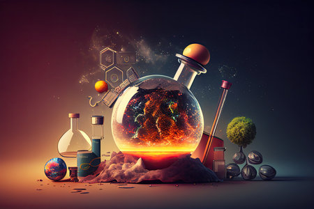 Science background illustration, scientific design. Flasks, glass and chemistry, physics elements. Generative AI.の素材