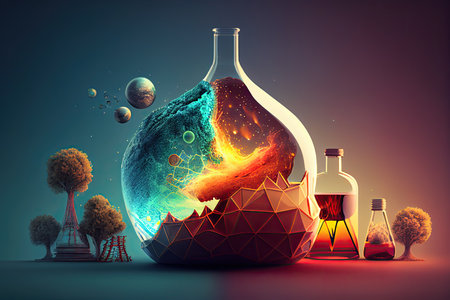 Science background illustration, scientific design. Flasks, glass and chemistry, physics elements. Generative AI.の素材