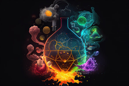 Science background illustration, scientific design. Flasks, glass and chemistry, physics elements. Generative AI.の素材