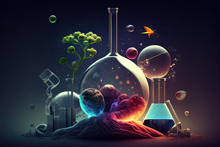 Science background illustration, scientific design. Flasks, glass and chemistry, physics elements. Generative AI.の素材