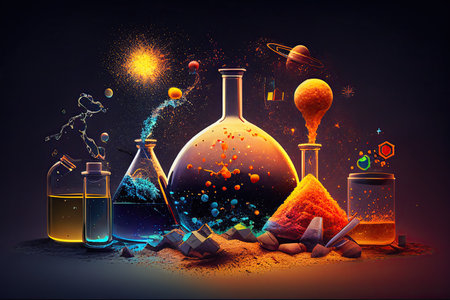 Science background illustration, scientific design. Flasks, glass and chemistry, physics elements. Generative AI.の素材