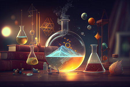 Science background illustration, scientific design. Flasks, glass and chemistry, physics elements. Generative AI.の素材