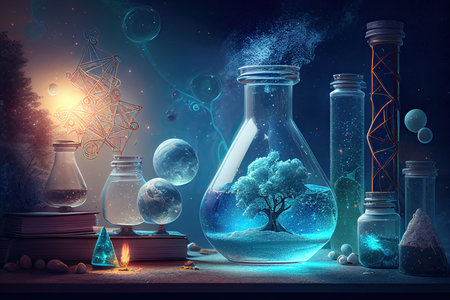 Science background illustration, scientific design. Flasks, glass and chemistry, physics elements. Generative AI.の素材