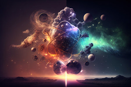 Science background illustration, scientific design. Flasks, glass and chemistry, physics elements. Generative AI.の素材