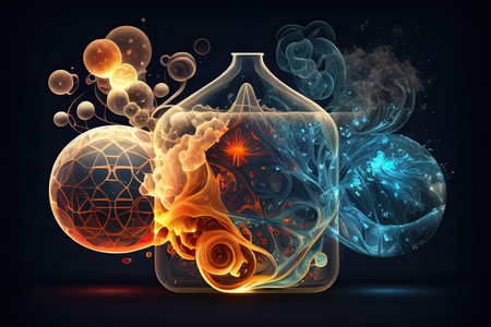 Science background illustration, scientific design. Flasks, glass and chemistry, physics elements. Generative AI.の素材