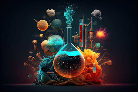 Science background illustration, scientific design. Flasks, glass and chemistry, physics elements. Generative AI.の素材