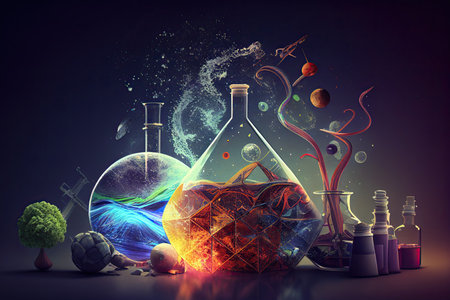 Science background illustration, scientific design. Flasks, glass and chemistry, physics elements. Generative AI.の素材