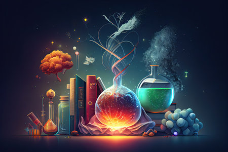 Science background illustration, scientific design. Flasks, glass and chemistry, physics elements. Generative AI.の素材