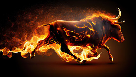 Running fire bull, stock market bull phase, generative ai illustration.の素材
