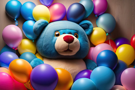 Multi Colored Balloons and Blue Teddy Bear Toy Generative AI.の素材