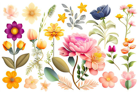 Flower Illustration Set Flat Lay.の素材