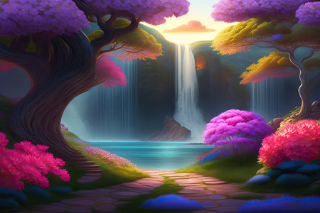 Beautiful Fantasy World Landscape Background Generative AI.の素材