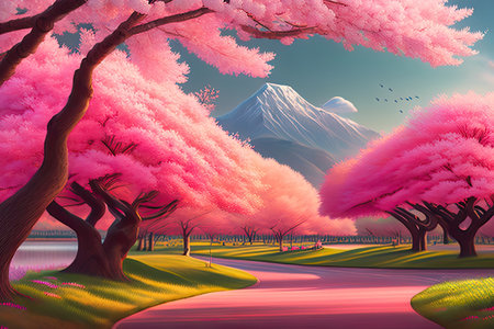 Cherry Blossoms. Japanese Tree Flower Bloom Background Generative AI.の素材