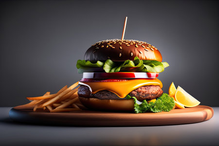 Classic Burger with Fries. Generative AI.の素材