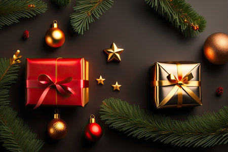 Christmas Eve Background. Present Gift and Decorations. Generative AI.の素材