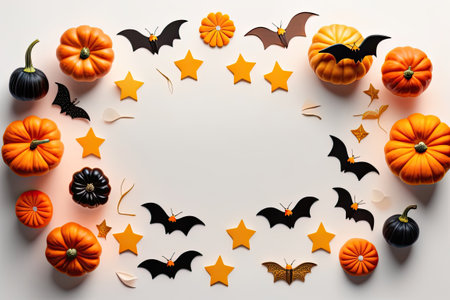 Halloween Holiday Background Decoration, White Backdrop Pumpkin and Bats Flat Lay. Generative AI.の素材