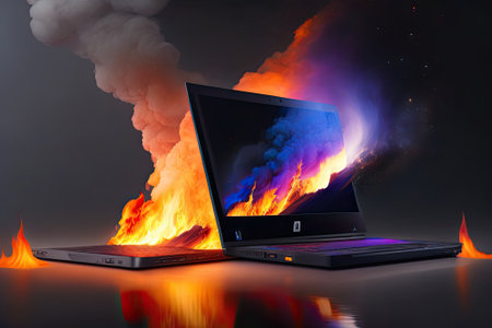 Laptop on Fire Burn Generative AI.の素材