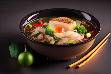 Ramen Soup Meal in a Bowl on Black Background Generative AI.の素材