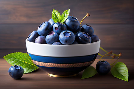 Blueberries in a Bowl on Wooden Background. Generative AI.の素材