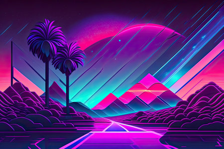 New Retrowave Purple Neon Background Design Art Generative AI.の素材