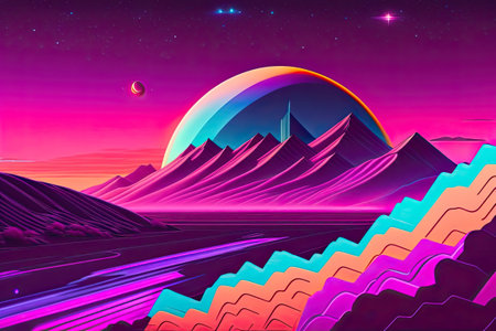 New Retrowave Purple Neon Background Design Art Generative AI.の素材