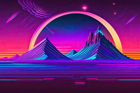 New Retrowave Purple Neon Background Design Art Generative AI.の素材