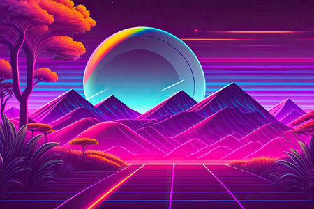 New Retrowave Purple Neon Background Design Art Generative AI.の素材
