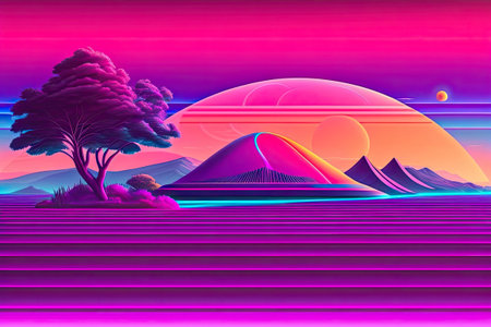New Retrowave Purple Neon Background Design Art Generative AI.の素材