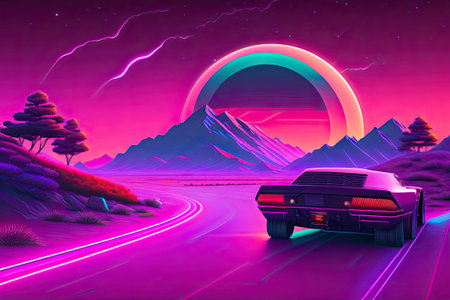 New Retrowave Purple Neon Background Design Art Generative AI.の素材
