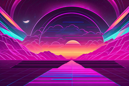 New Retrowave Purple Neon Background Design Art Generative AI.の素材