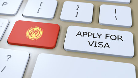 Kyrgyzstan, Apply for Visa Concept. Button Push 3D Illustration. Visa Apply for Country or...