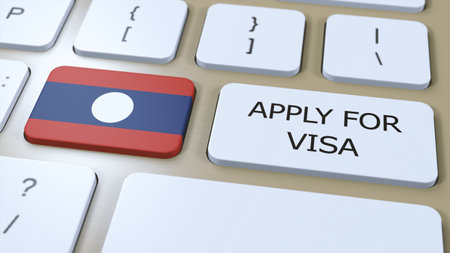 Laos, Apply for Visa Concept. Button Push 3D Illustration. Visa Apply for Country or Government with...