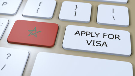 Morocco, Apply for Visa Concept. Button Push 3D Illustration. Visa Apply for Country or Government...